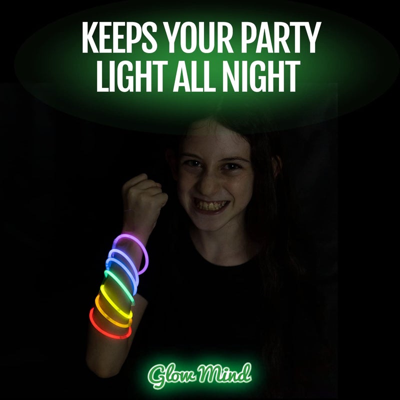 Glow Mind 100 Ultra Bright Glow Sticks Bulk Party Pack - Halloween Glow in the Dark Party Supplies Pack - 8" Glowsticks Party Favors with Bracelets and Necklaces - Image 4